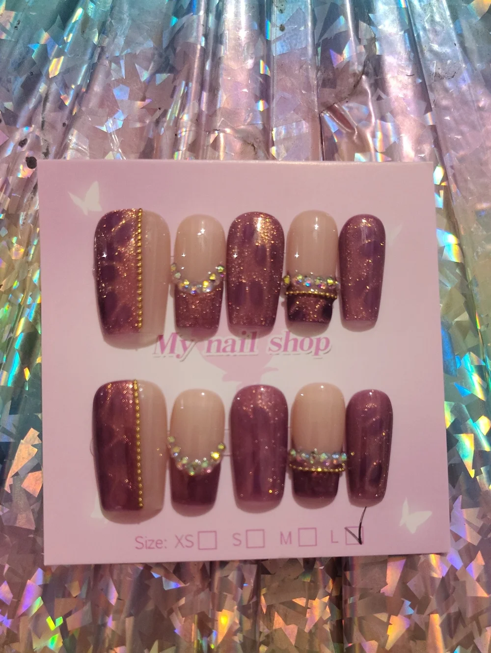 My Nail Shop Purple & Nude Rhinestone Press-On Nail Set